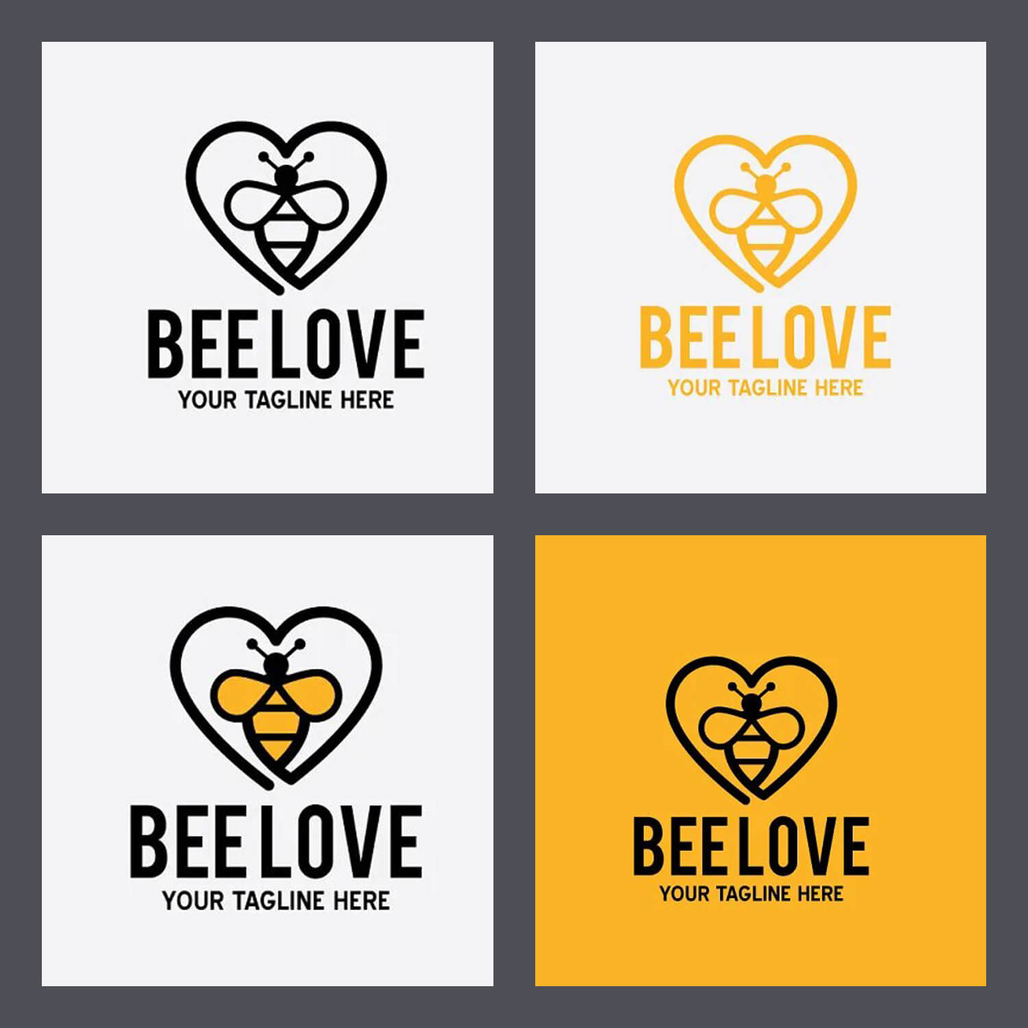 Four images of Beelove logos on a gray background.