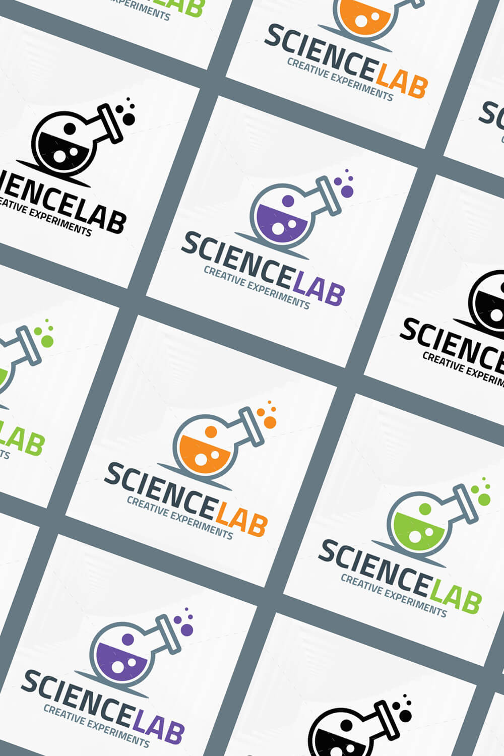 Diagonal image of science laboratory logos.