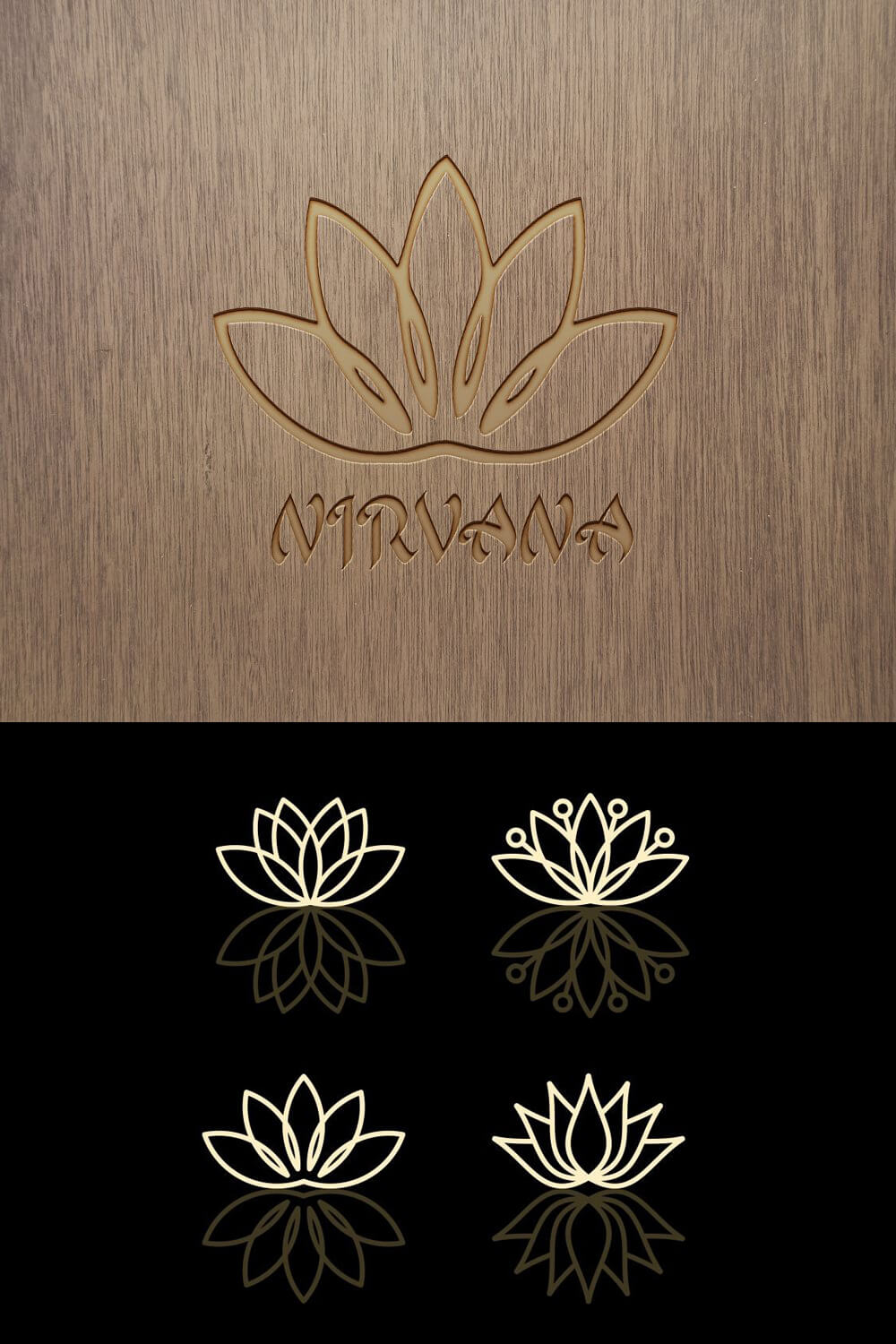 Two versions of the lotus logo on wooden and glossy backgrounds.