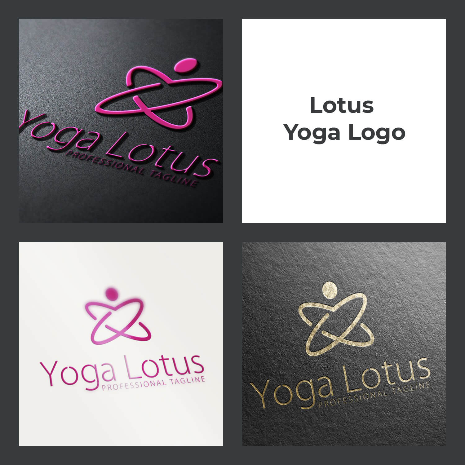 Four picture with lotus yoga logo on gray background.