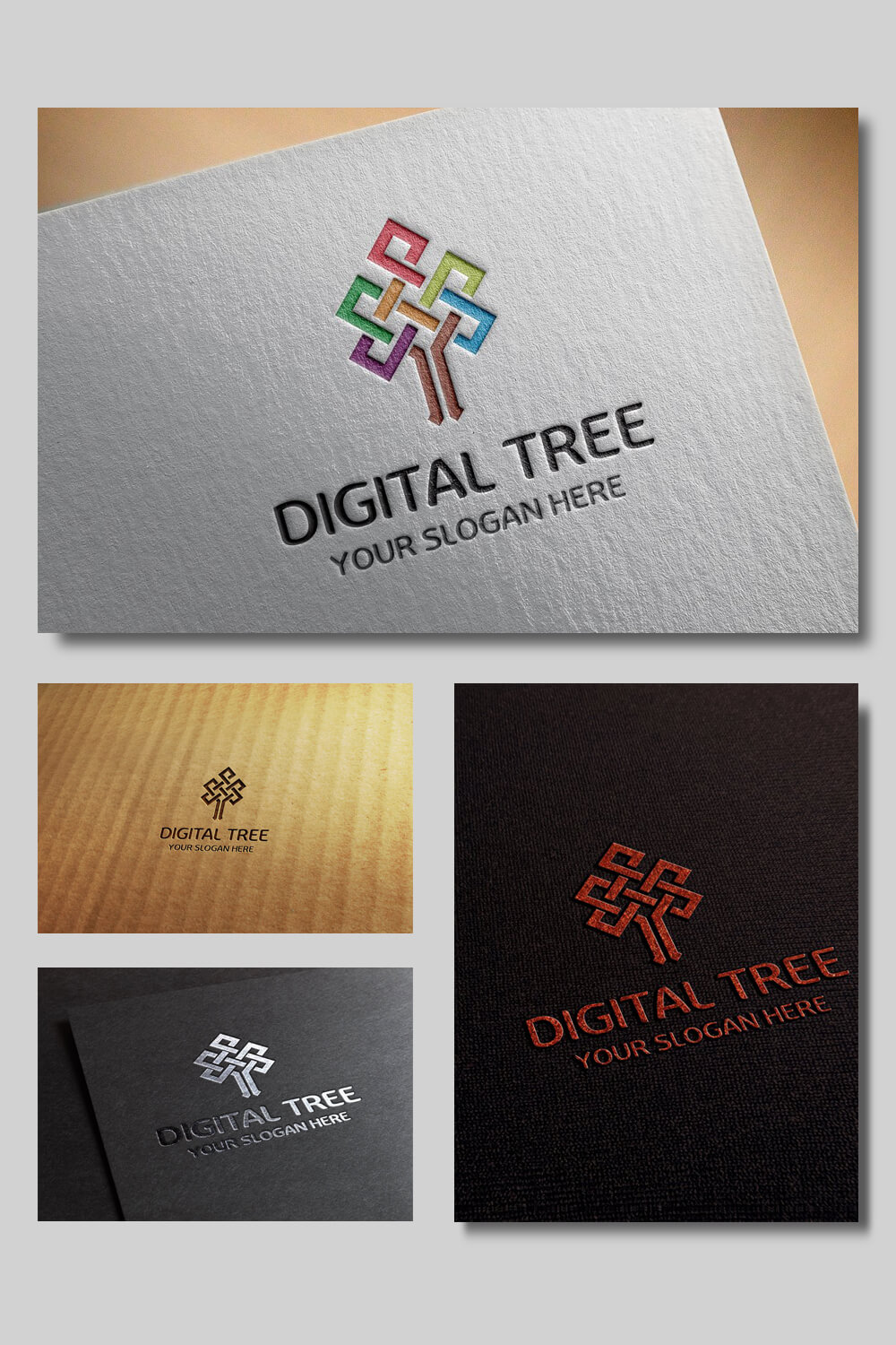 Four variants of the digital tree logo on different backgrounds.