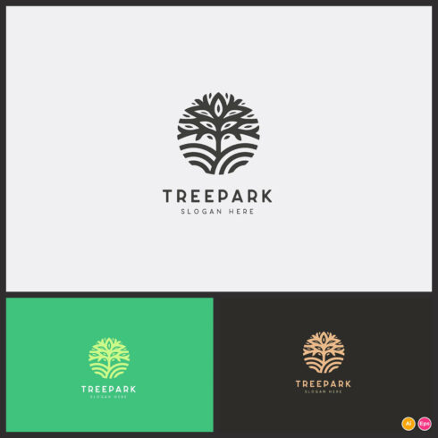 Three variants of the treepark logo depicting a deciduous tree.