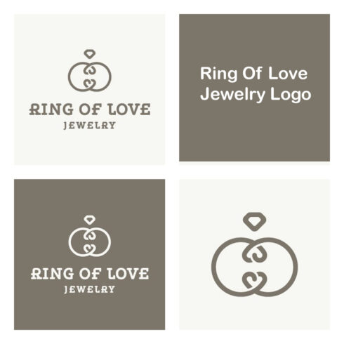 Four images on white and gray backgrounds with logos about love rings and jewels.