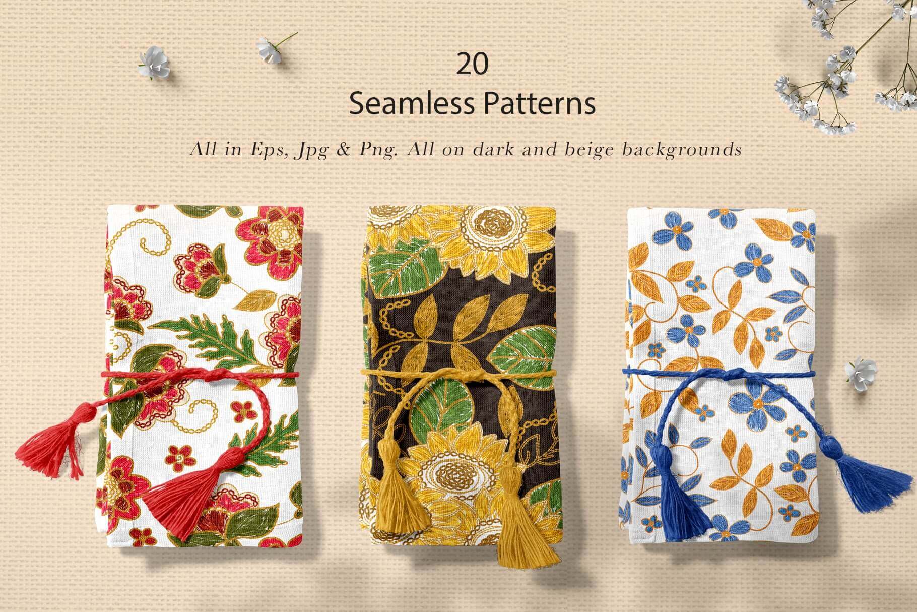 20 seamless patterns on the dark and beige backgrounds.