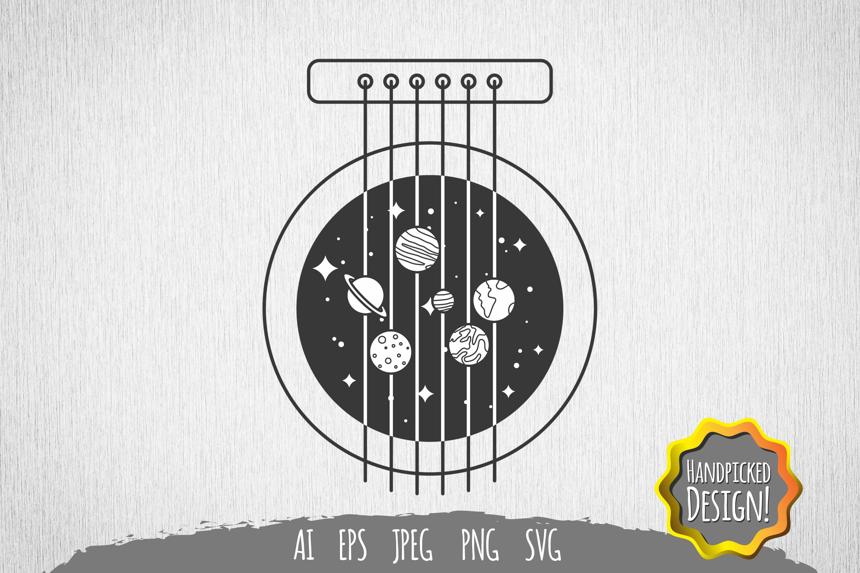 Guitar strings with planets in the middle.