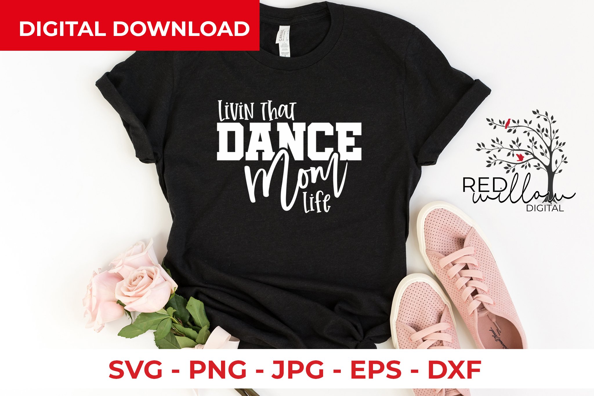 Black t-shirt with a print on the theme of dancing.