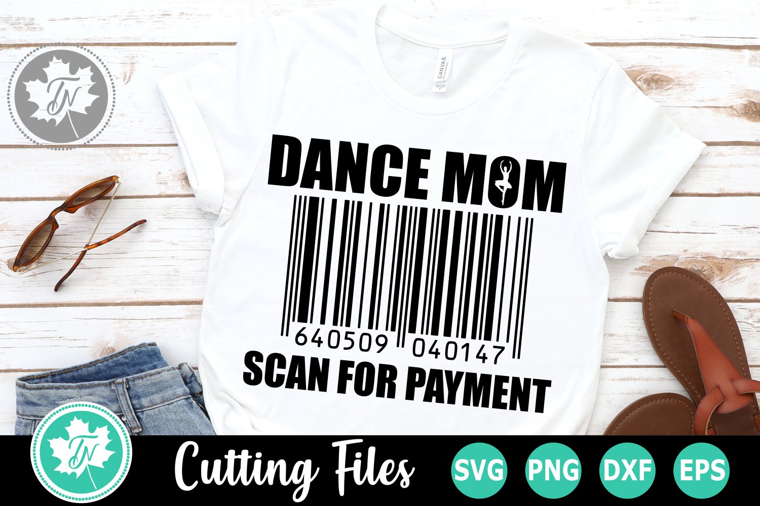White t-shirt with barcode payment.