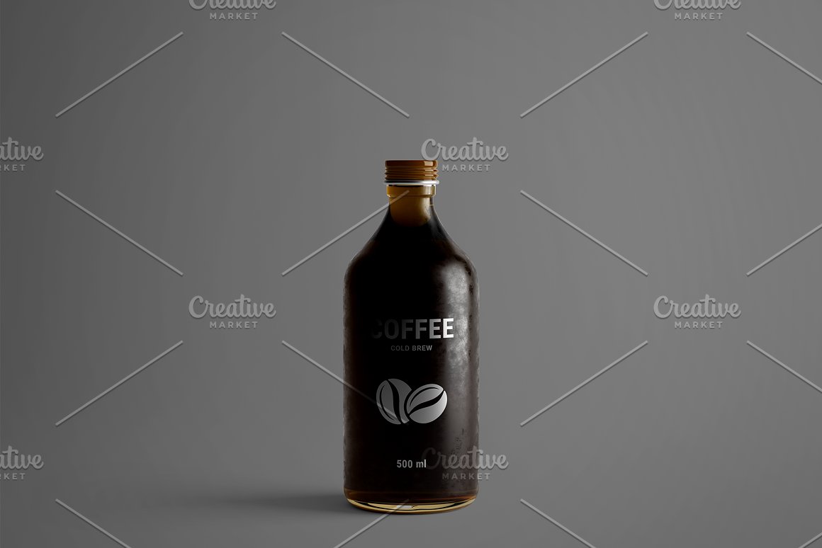 Black bottle with a print of cocoa beans.