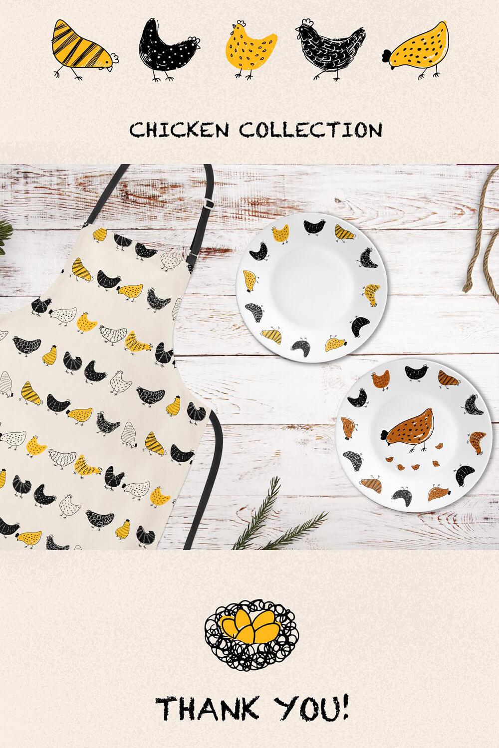 White apron and white plates depicting chickens.