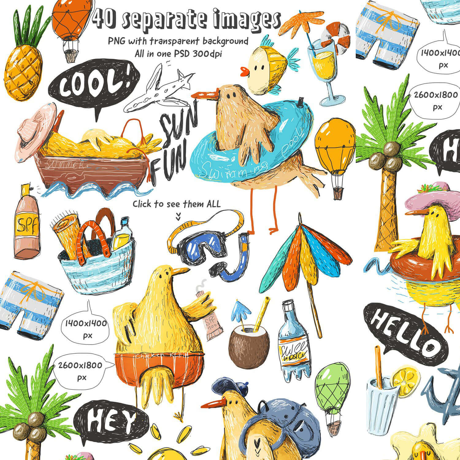 40 Separate Images PNG, PSD of Chicken Vacation.