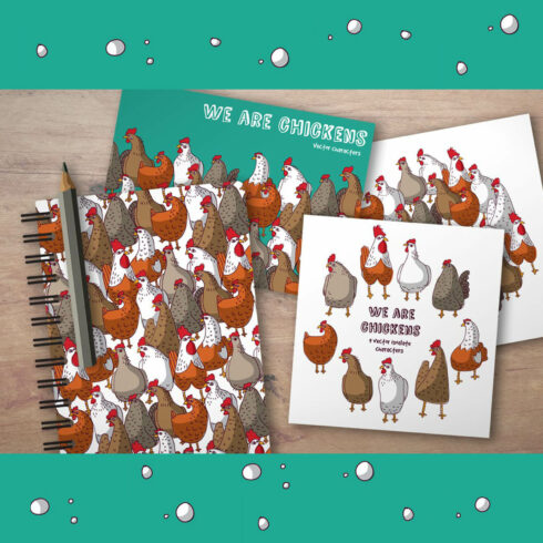 Notebooks and multi-colored cards with the image of chickens.