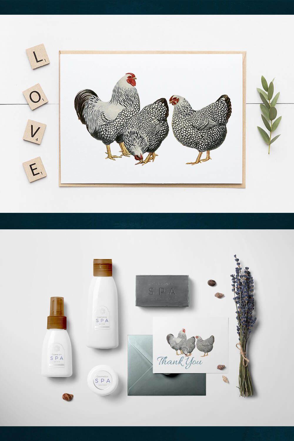 Two options for using the image of chickens in the picture and on the card.