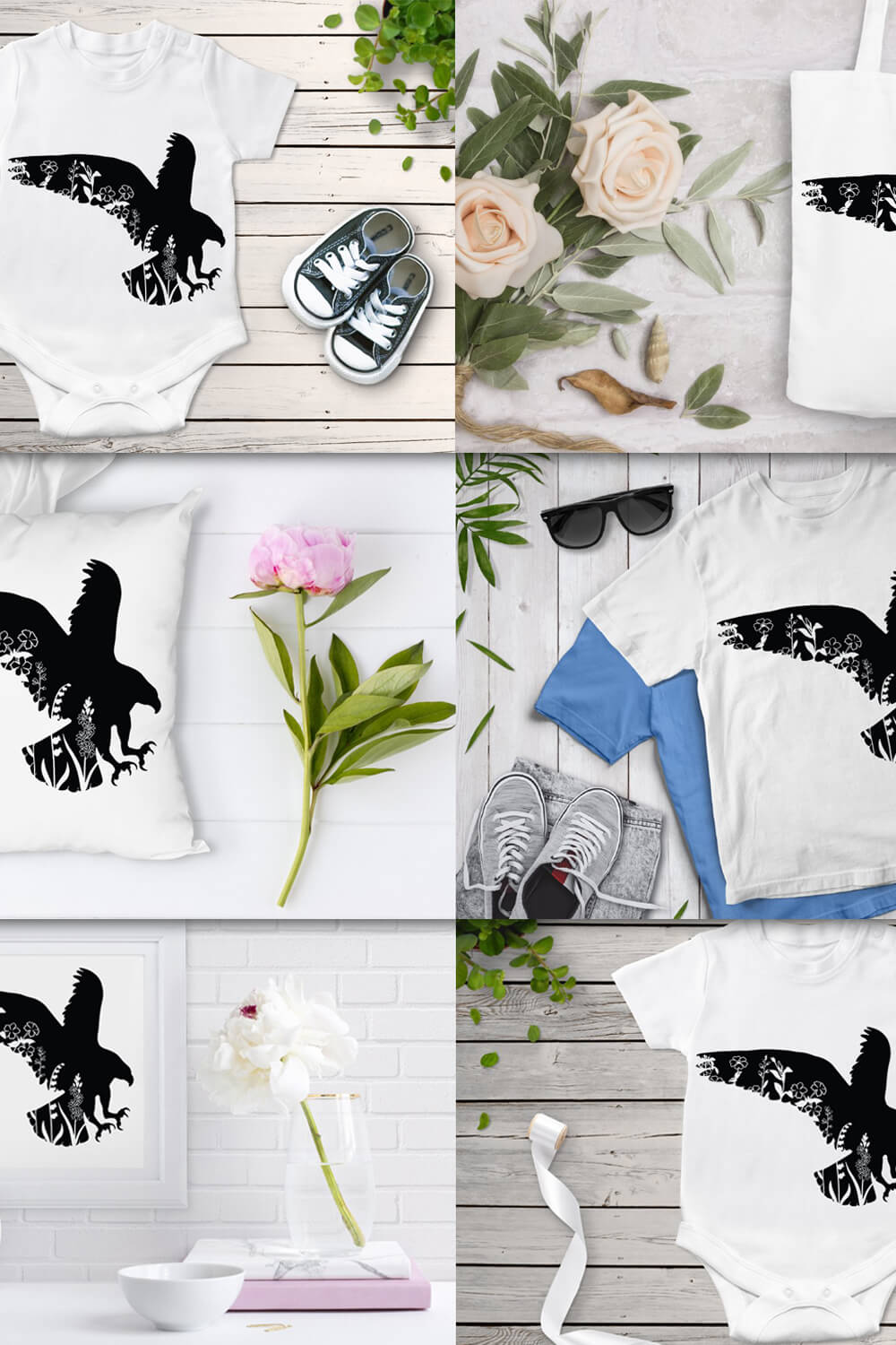 Black floral eagle on white casual clothes.