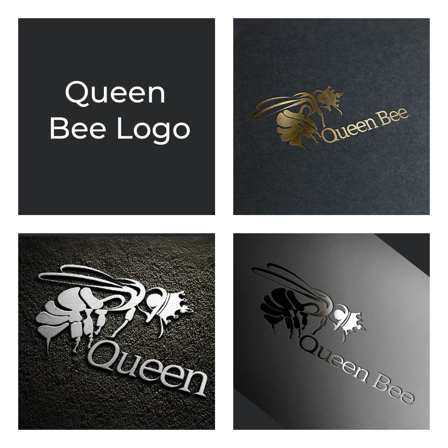 Four images with the inscription "Queen bee" and images of bees in gold, white and black.