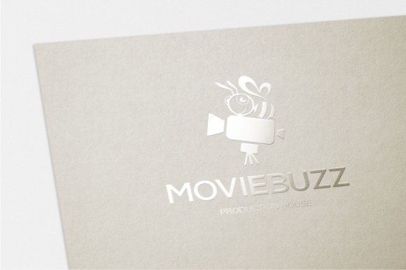 Moviebuzz logo in pale gray with a bee and a camera on a gray background.