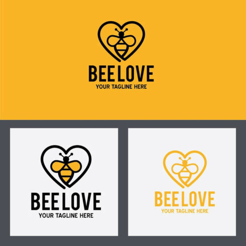 Colored beelove logos featuring a colored heart and a bee on white and orange backgrounds.