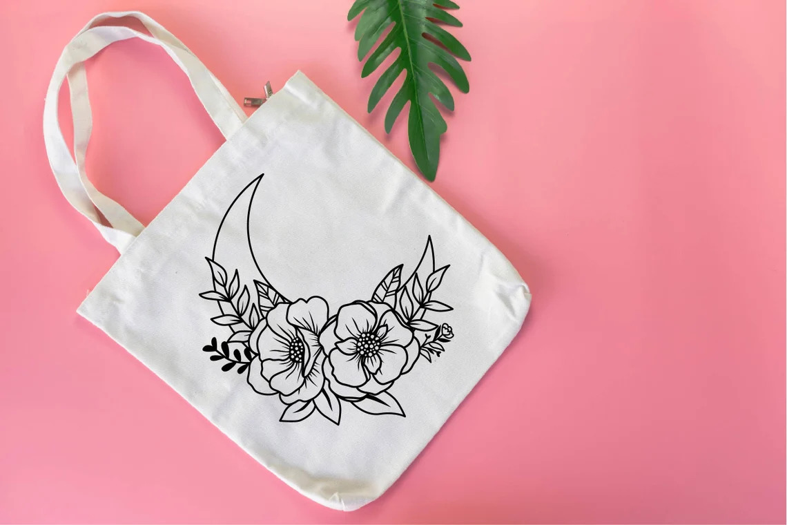 Print on a bag on a pink background with a flower.