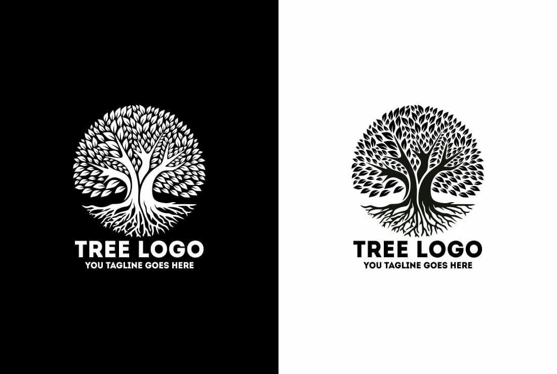 The logo of a large black tree on a white background, and a white tree on a black background.
