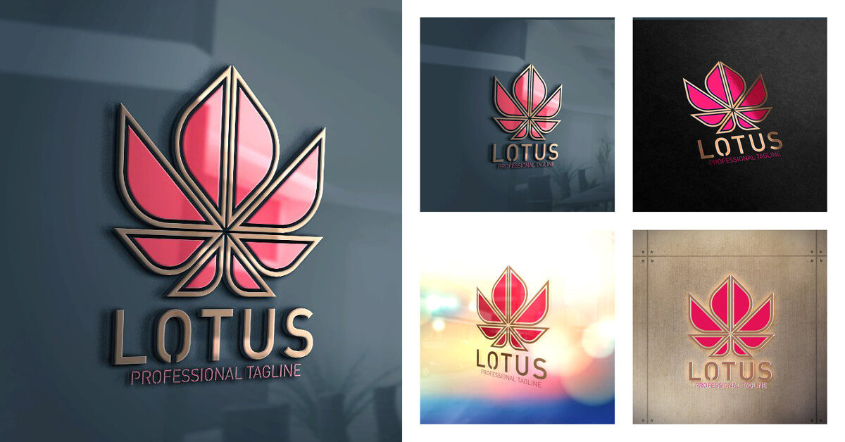 Four lotus logo images, one of which is shown in close-up.
