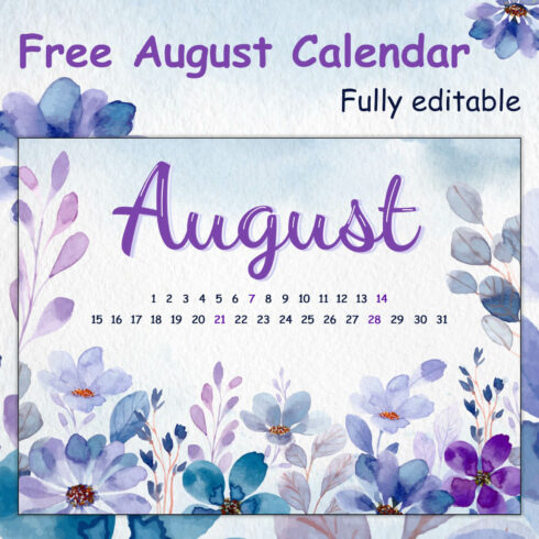 Fully Editble Free August Calendar Cover image.