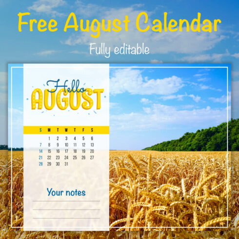 Free August Field Printable Calendar Cover Image.