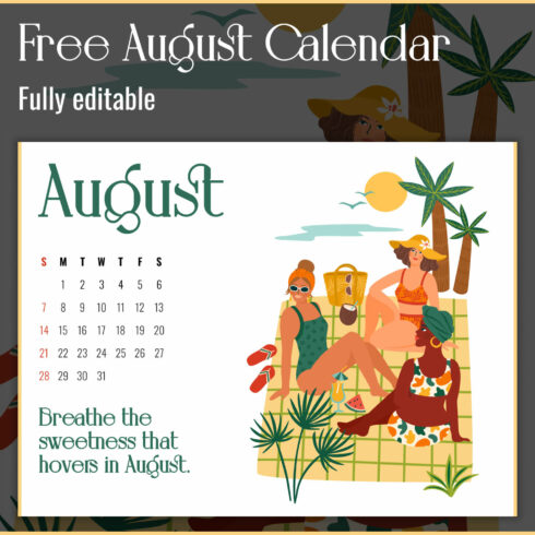 Free Fully Editable August Vacation Printable Calendar Cover Image.