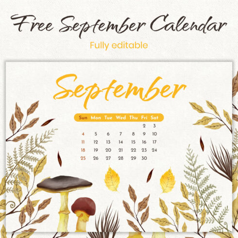 Free Printable Mushroom September Editable Calendar Cover Image.
