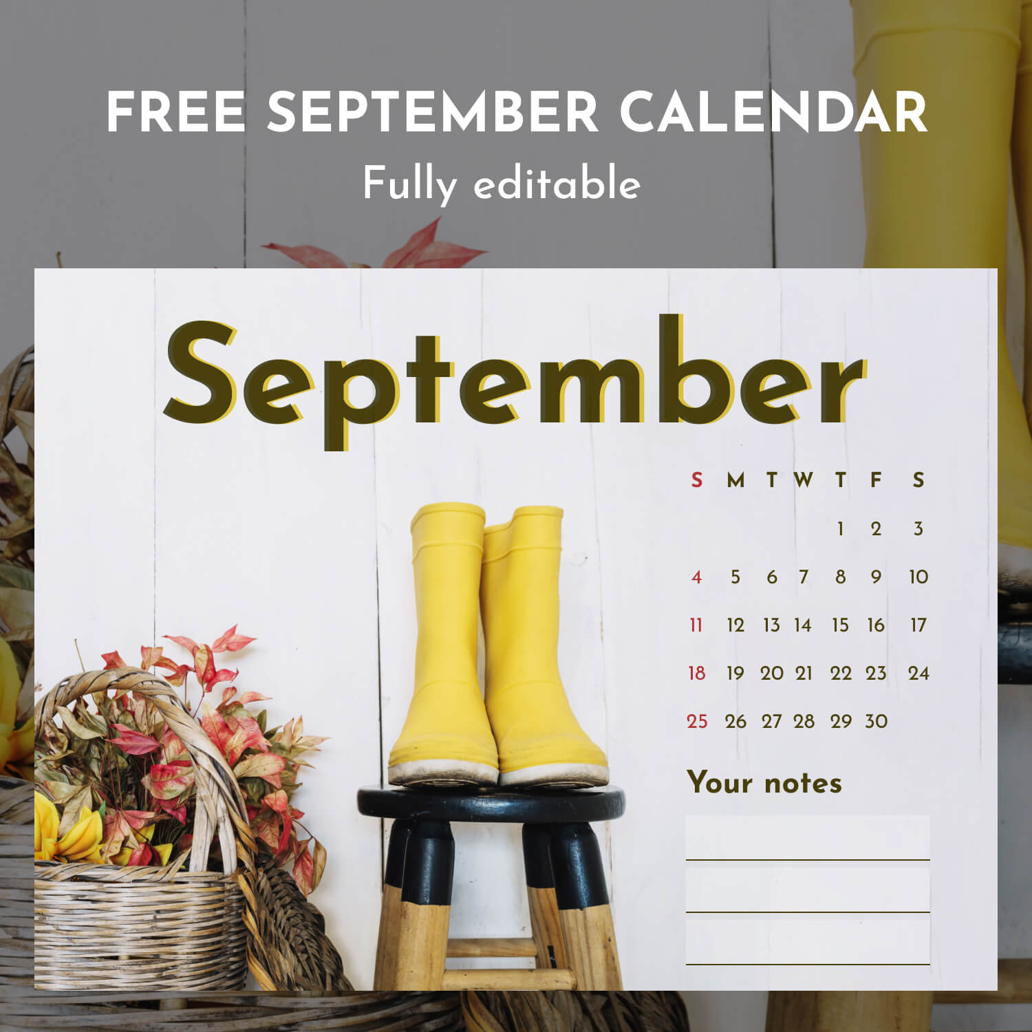 Free Editable Printable September Calendar Cover Image.