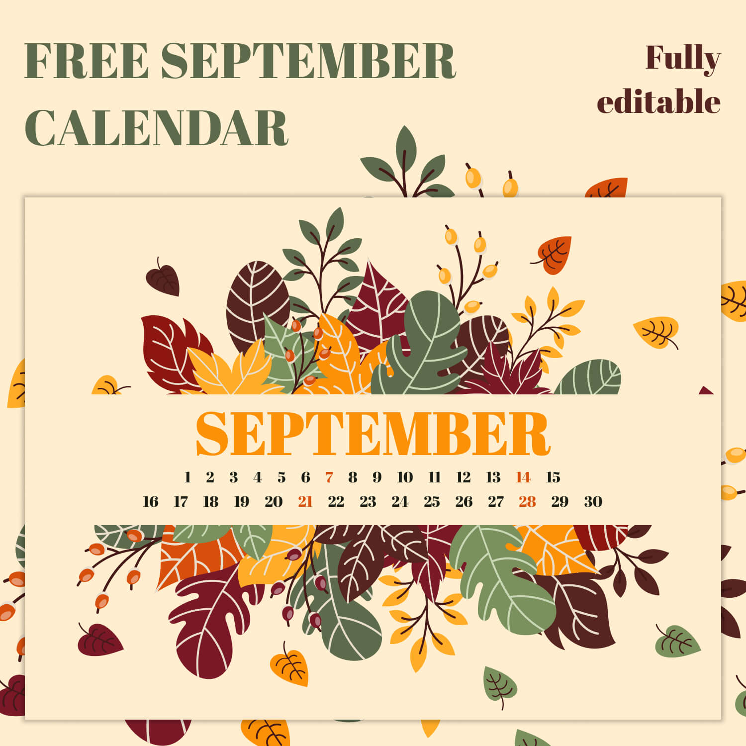 Free Editable Fall Leaves September Printable Calendar Cover Image.