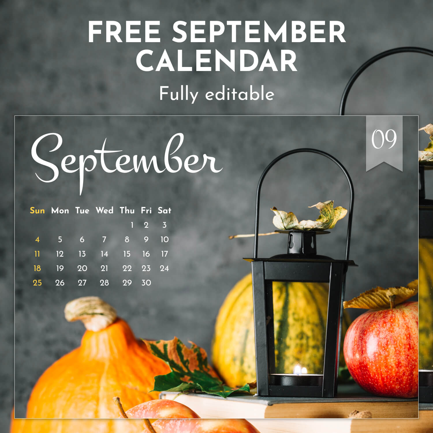 Free Printable Pumpkin September Editable Calendar Cover Image.