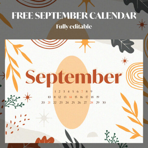 Free Printable Vector Leaves September Editable Calendar Cover Image.