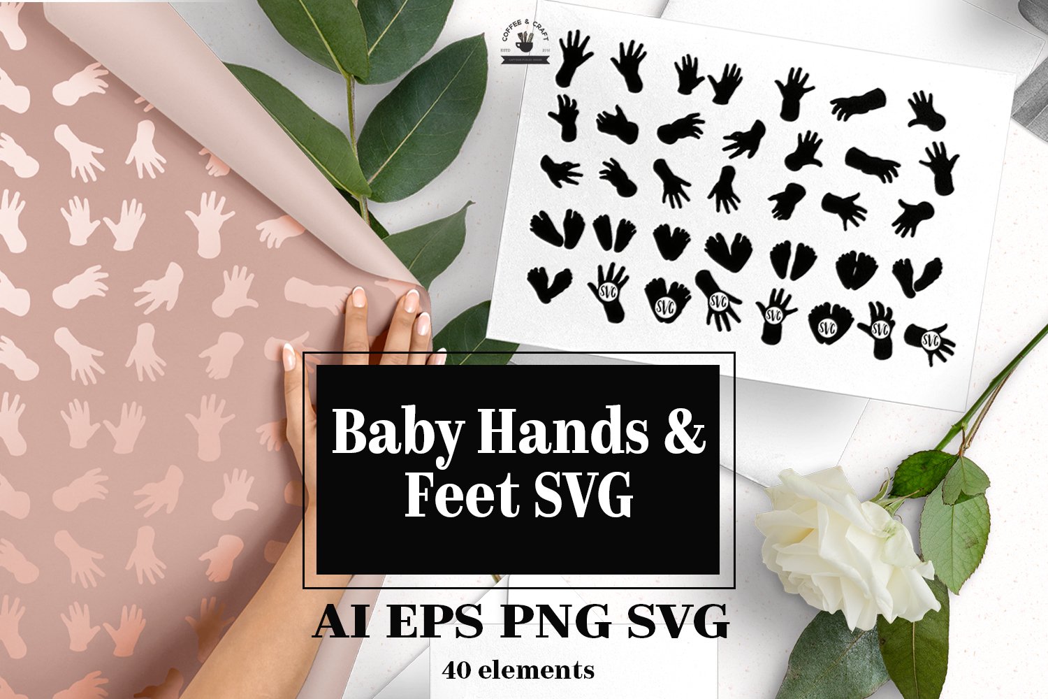 Preview of a page with wrapping paper or wallpaper on the theme of children's feet and hands.