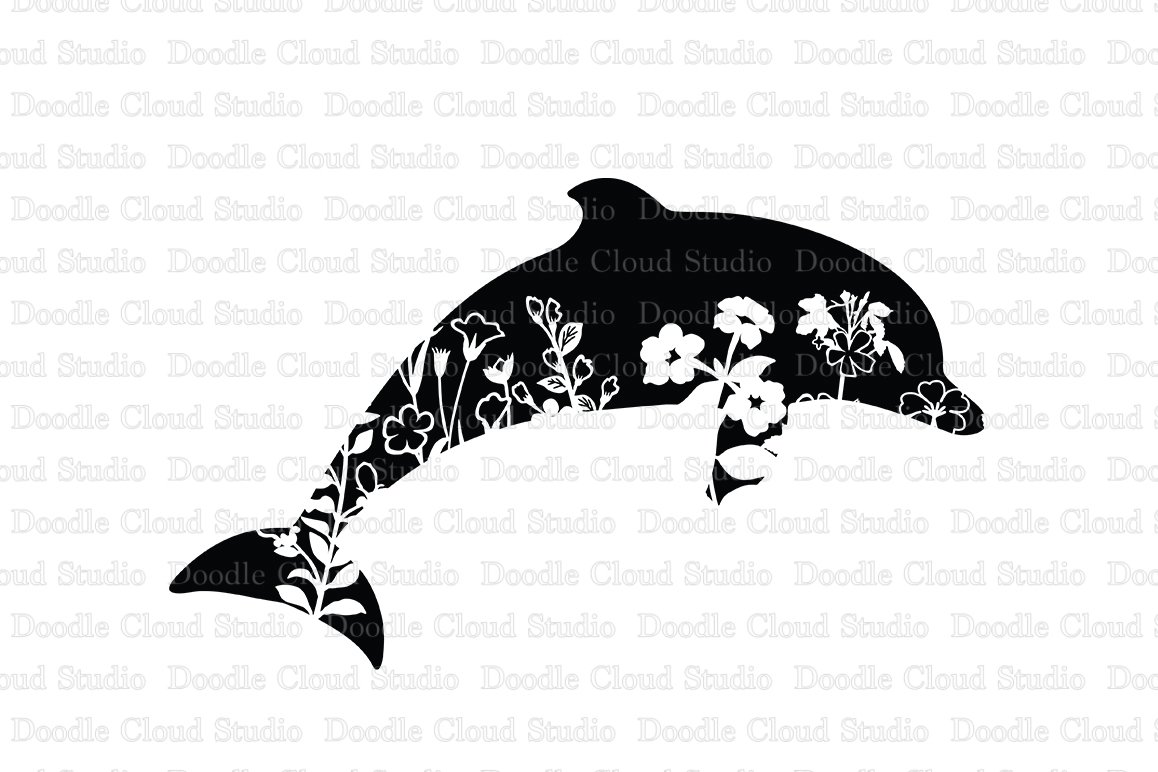 Black and white silhouette of a dolphin with flowers.