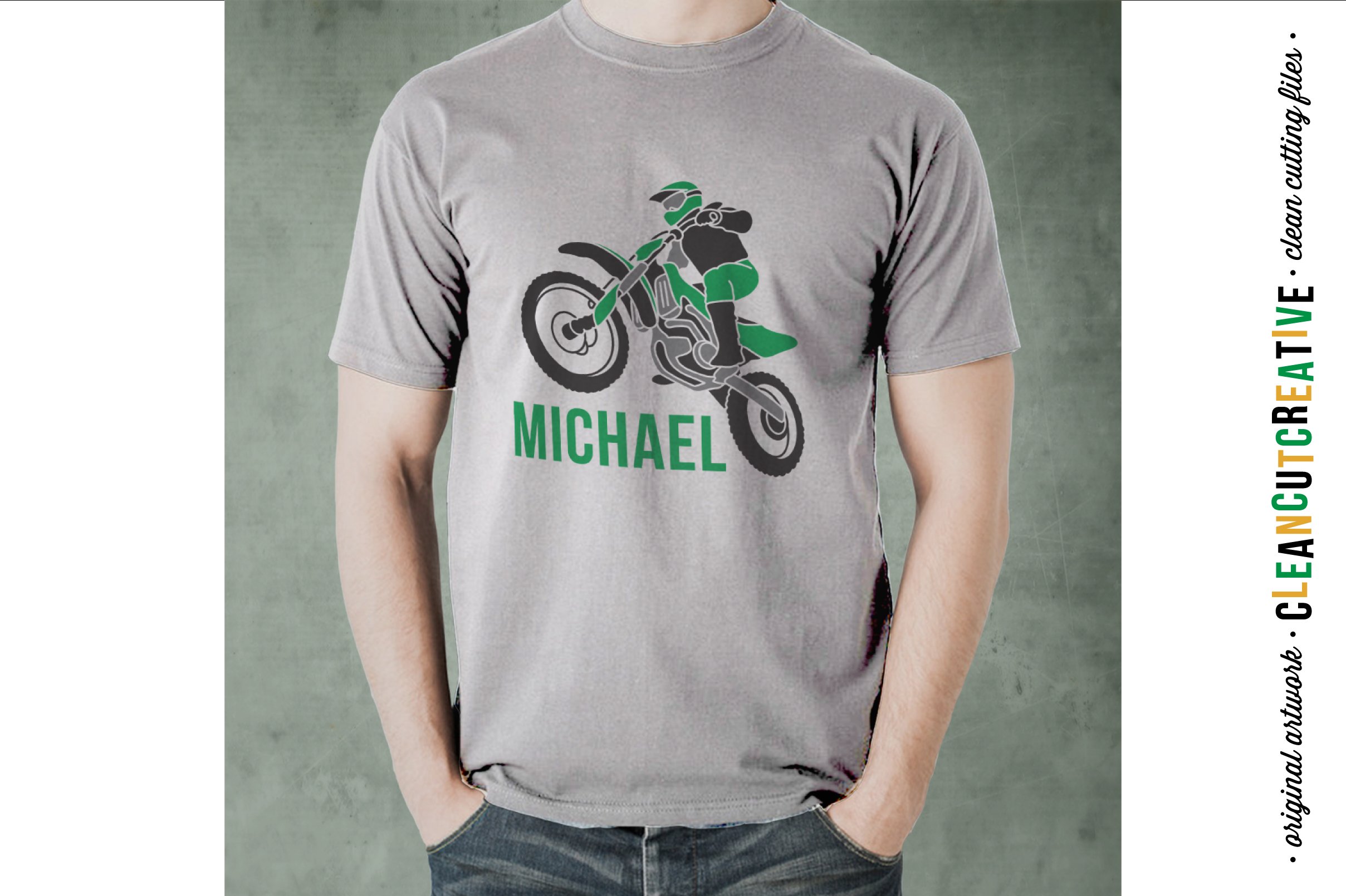 Gray t-shirt with a green cross-country motorcycle.