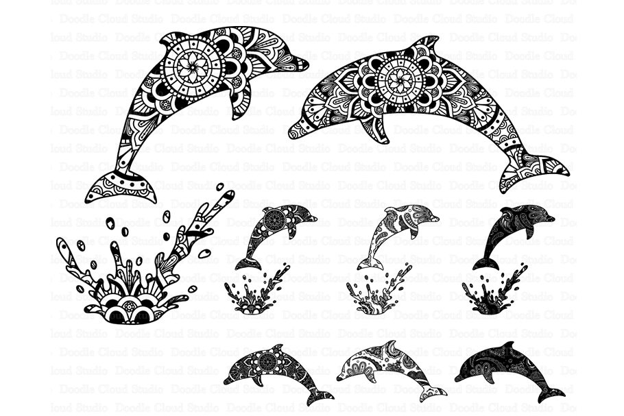 Set of dolphins and sea animals in black and white.
