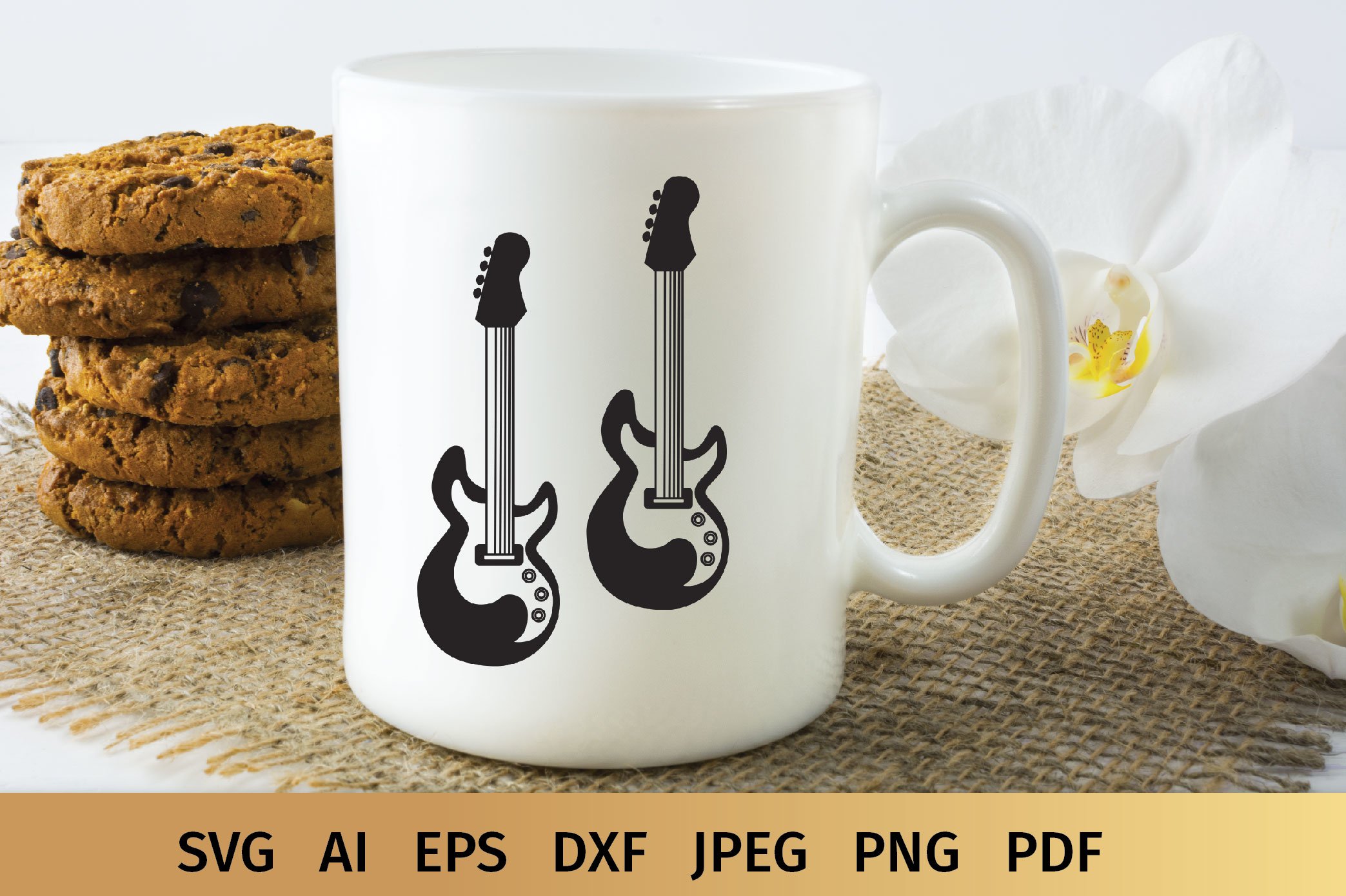 Unique guitars on the mug image.