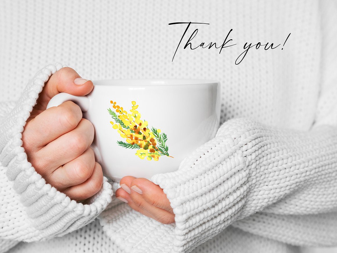 A cup with a branch and flowers.