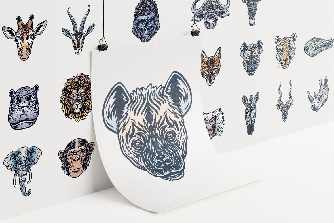 Image of African animal heads on a white background.