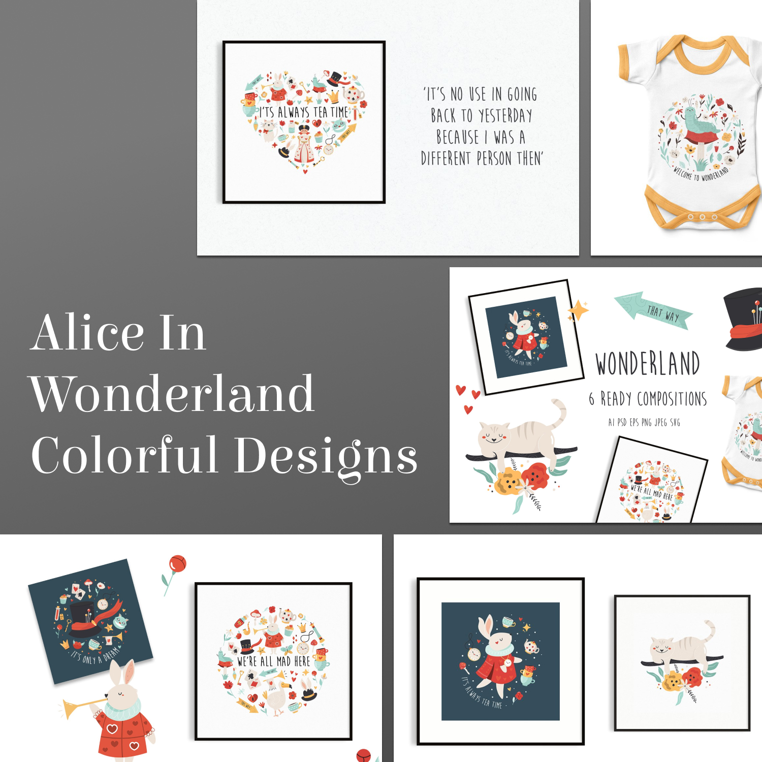 Alice in wonderland colorful designs preview.