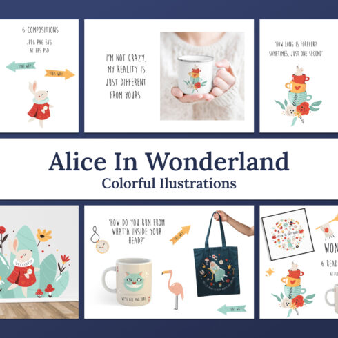Alice in wonderland colorful ilustrations preview.