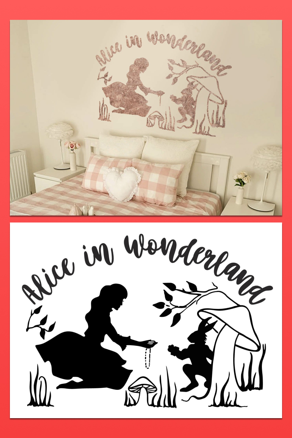 Cool images with prints above the bed with Alice and the rabbit.