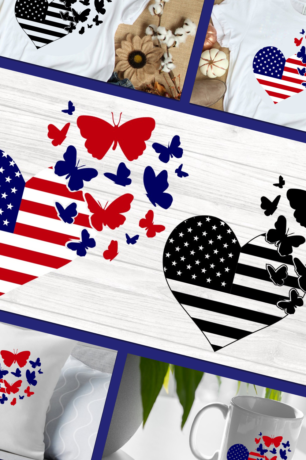 Beautiful hearts with butterflies in the style of the USA flag.