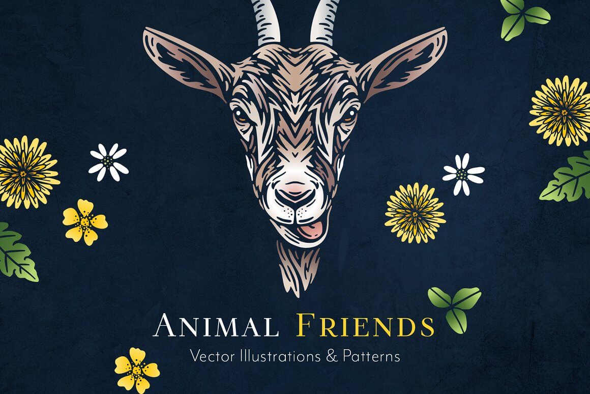 Illustration with muzzle of a goat and dandelion flowers.