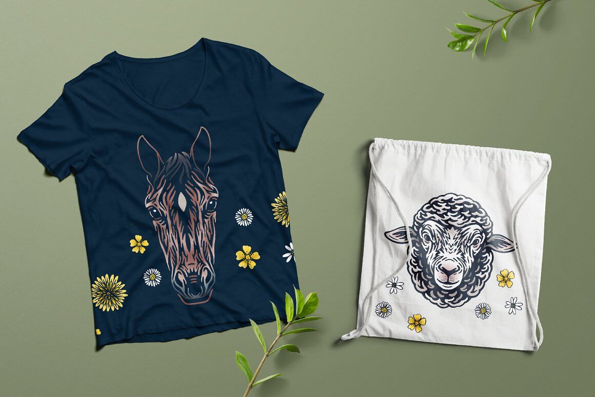 The black T-shirt has the face of a horse, while the white bag has the face of a sheep.