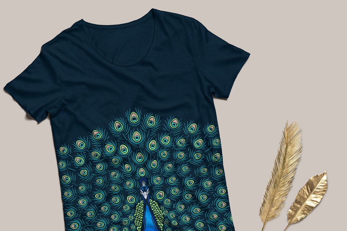 Black T-shirt with decorative peacock design.