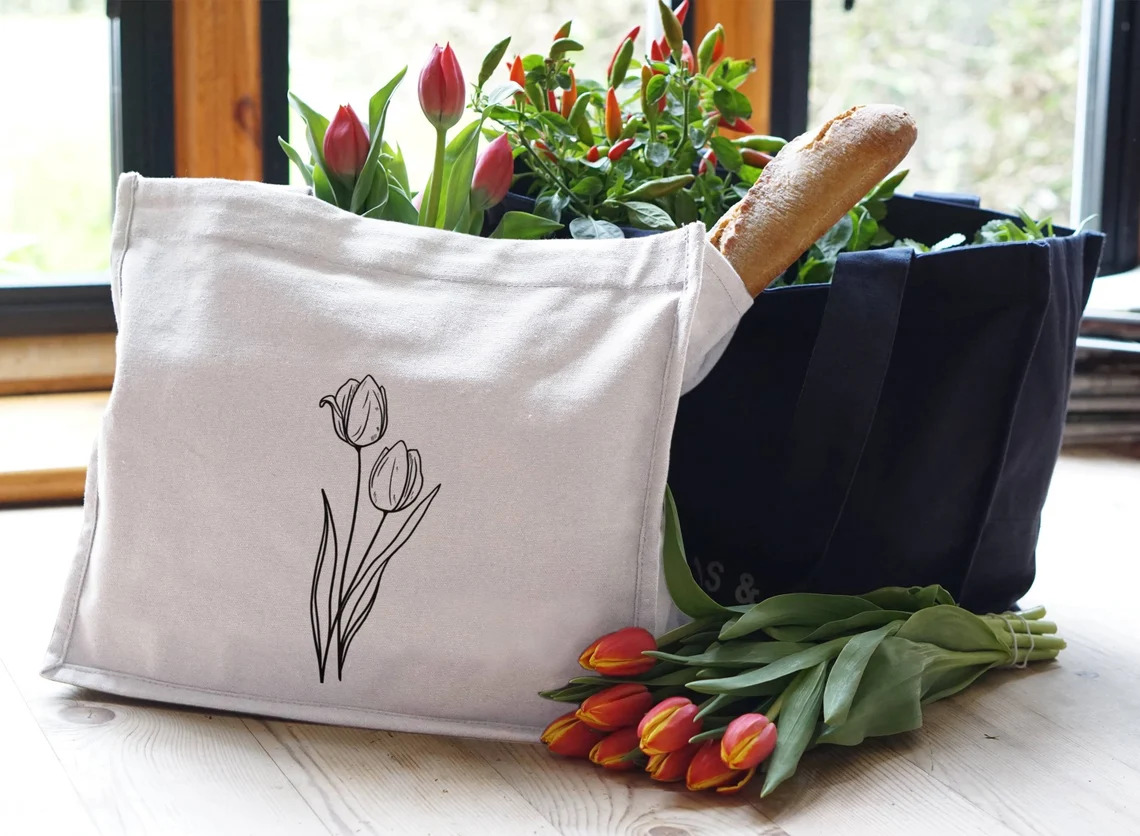Image of tulips and baguette baguette.