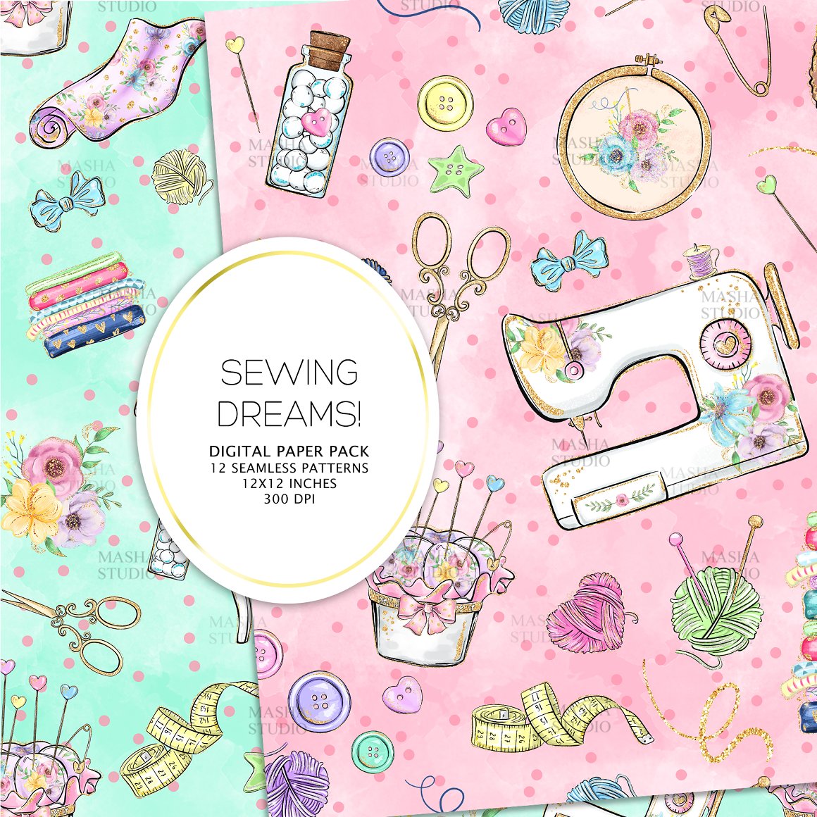 Neckline with sewing machine and fabric and other sewing supplies.