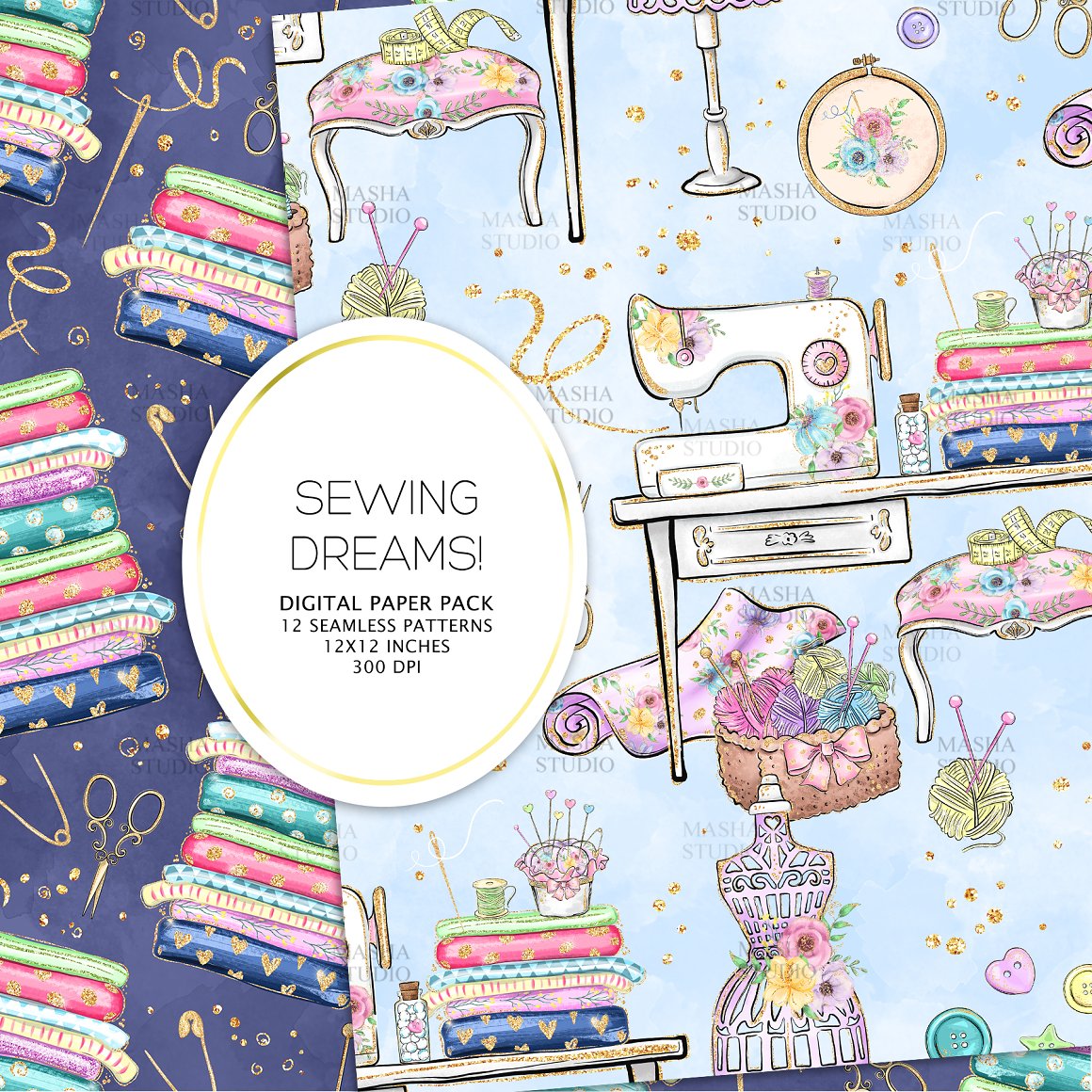 The background is light blue and dark blue with items for sewing.