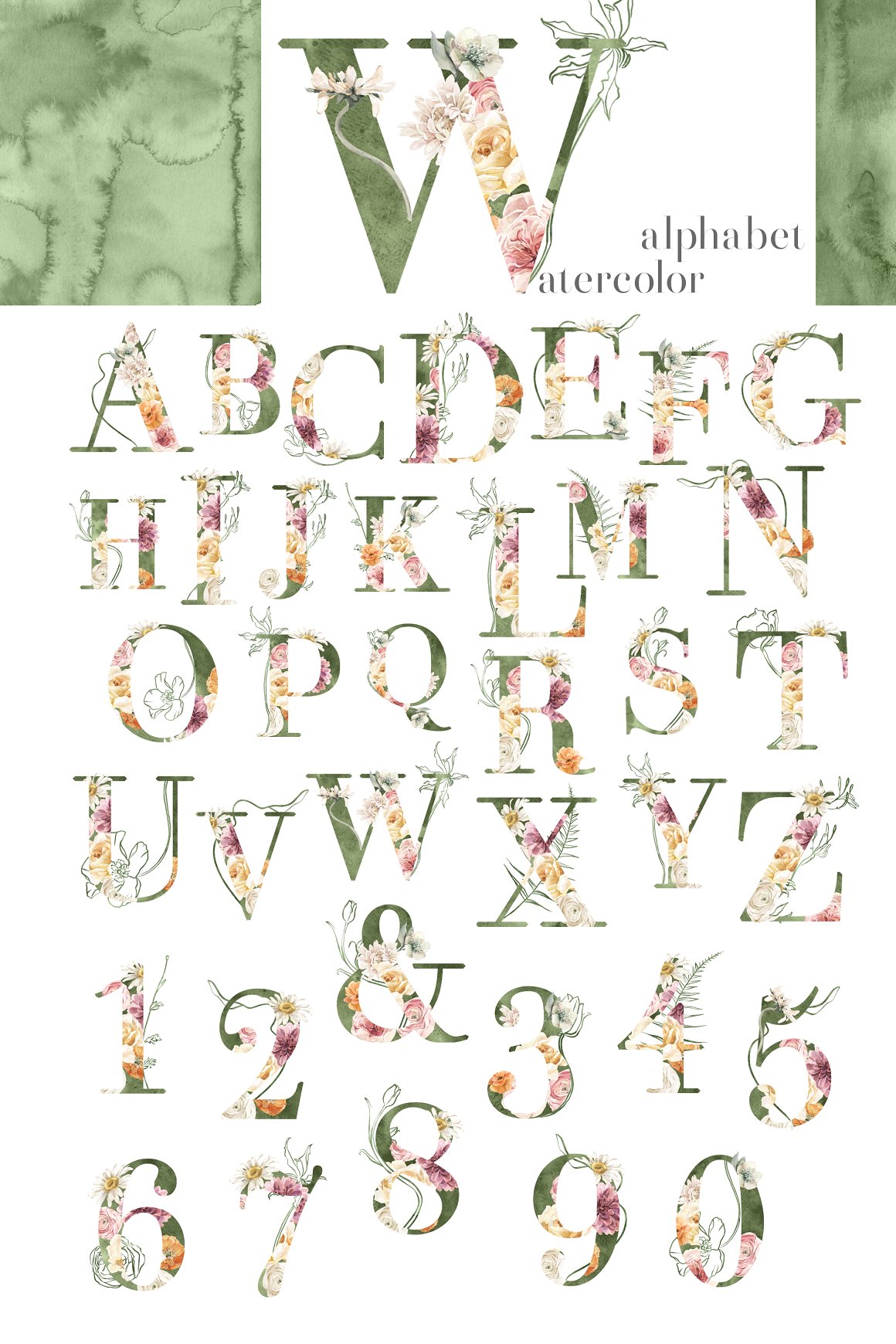The alphabet is decorated with watercolor flowers.