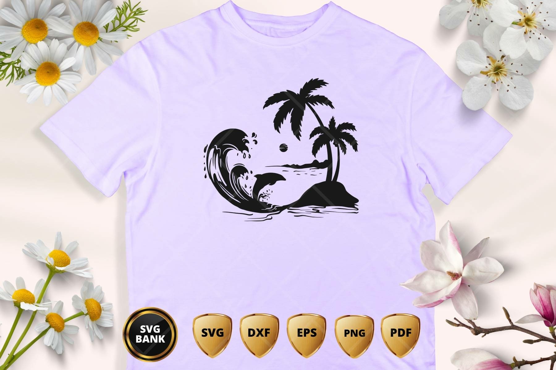 T - shirt with a palm tree and a wave on it.